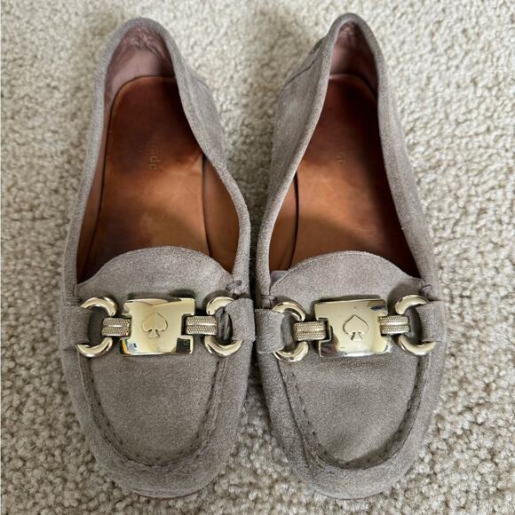 Kate Spade Carson Dark Beige/Gray Suede Loafers Gold Buckle Size 6 - Picture 2 of 14